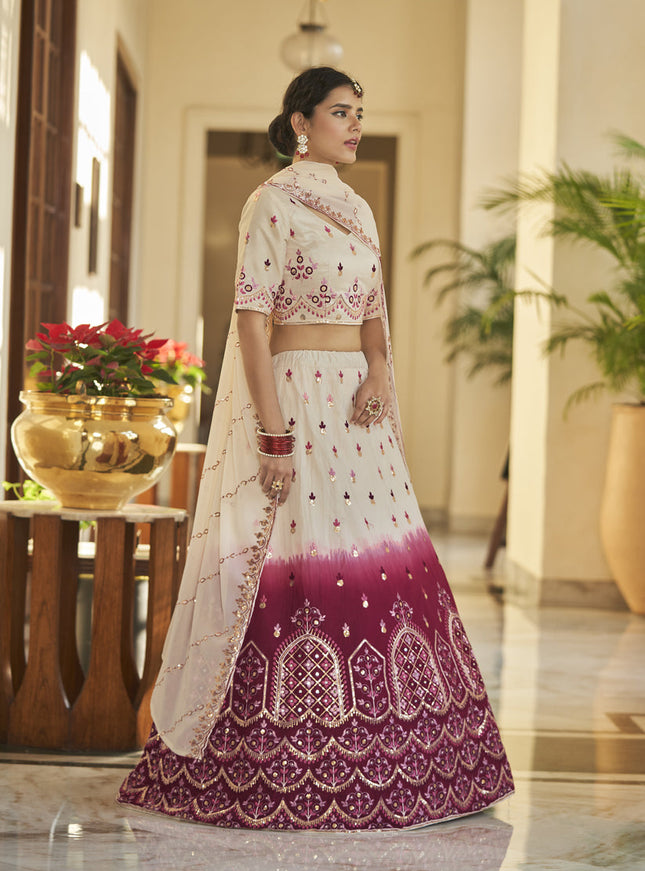 Magnetic Ivory and Maroon Art Silk Embroidered Wedding Lehenga Choli