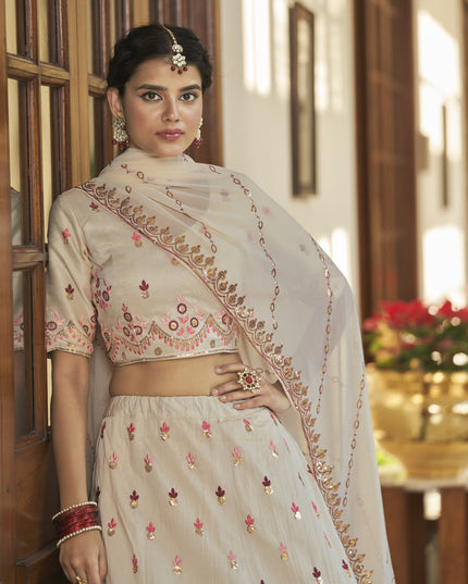 Magnetic Ivory and Maroon Art Silk Embroidered Wedding Lehenga Choli