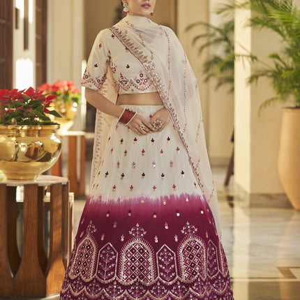 Magnetic Ivory and Maroon Art Silk Embroidered Wedding Lehenga Choli