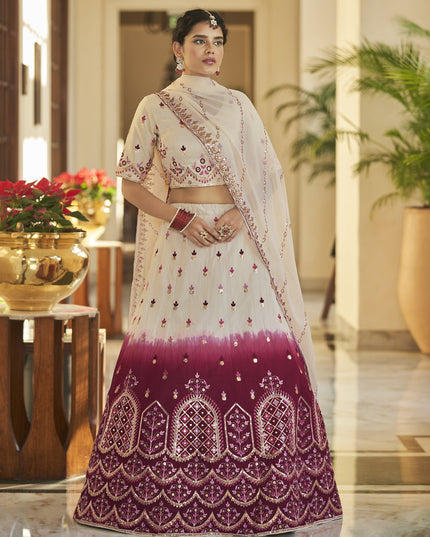 Magnetic Ivory and Maroon Art Silk Embroidered Wedding Lehenga Choli