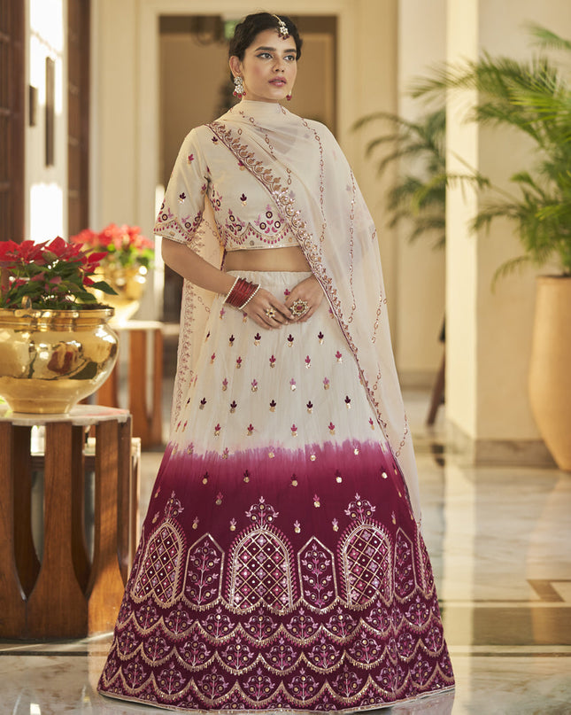 Magnetic Ivory and Maroon Art Silk Embroidered Wedding Lehenga Choli