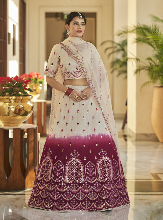 Magnetic Ivory and Maroon Art Silk Embroidered Wedding Lehenga Choli