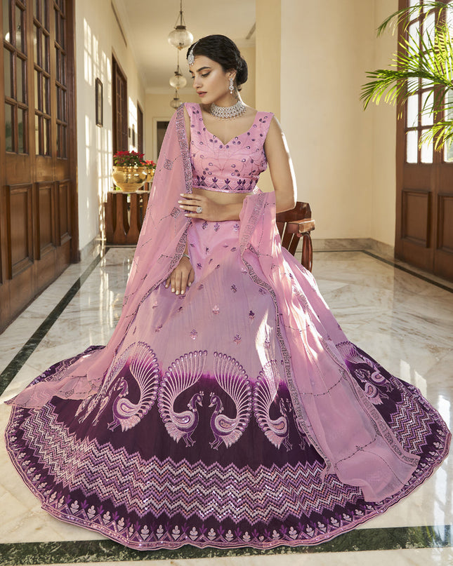 Ravishing Lilac Pink and Plum Art Silk Embroidered Wedding Lehenga Choli
