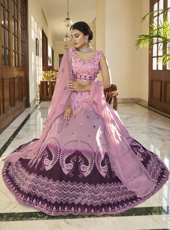 Ravishing Lilac Pink and Plum Art Silk Embroidered Wedding Lehenga Choli