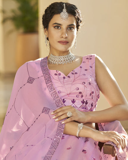 Ravishing Lilac Pink and Plum Art Silk Embroidered Wedding Lehenga Choli