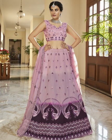 Ravishing Lilac Pink and Plum Art Silk Embroidered Wedding Lehenga Choli
