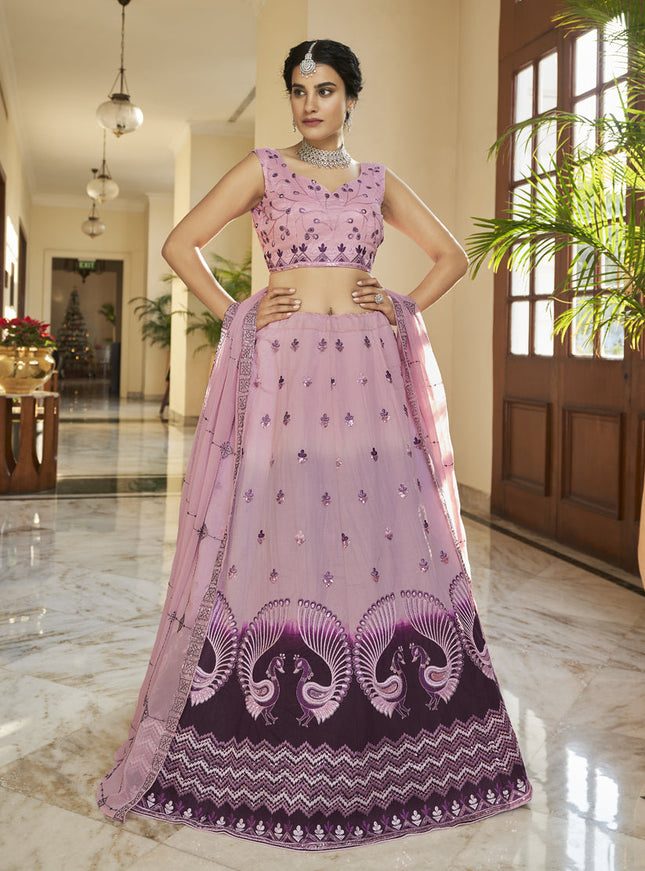 Ravishing Lilac Pink and Plum Art Silk Embroidered Wedding Lehenga Choli