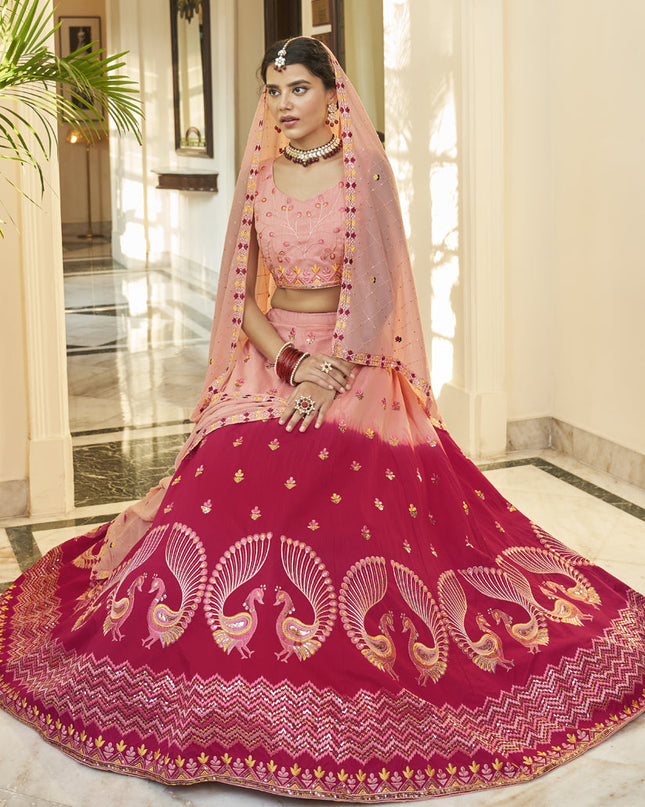 Mesmerizing Strawberry and Peach Art Silk Embroidered Wedding Lehenga Choli