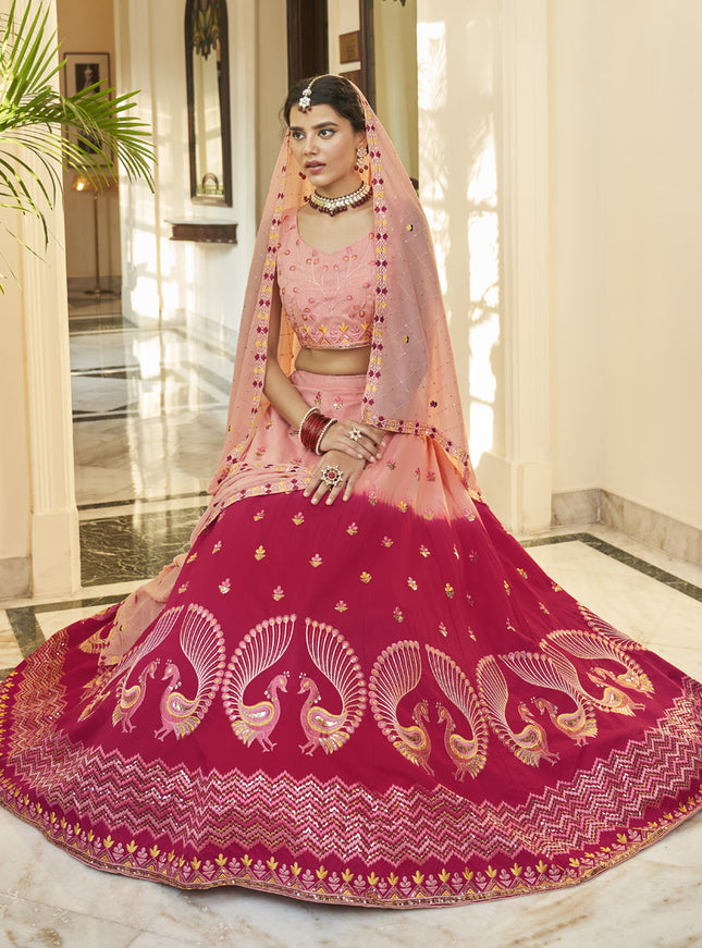 Mesmerizing Strawberry and Peach Art Silk Embroidered Wedding Lehenga Choli