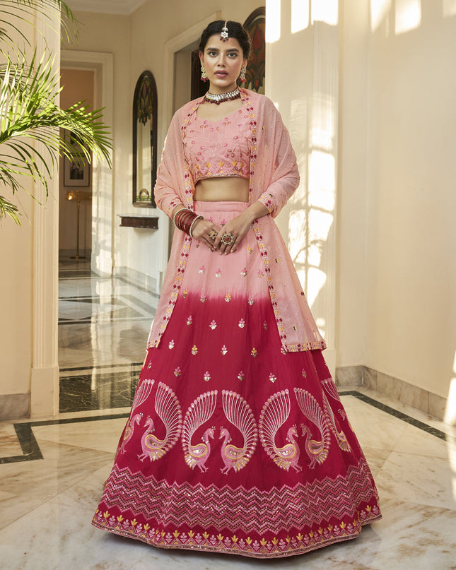Mesmerizing Strawberry and Peach Art Silk Embroidered Wedding Lehenga Choli