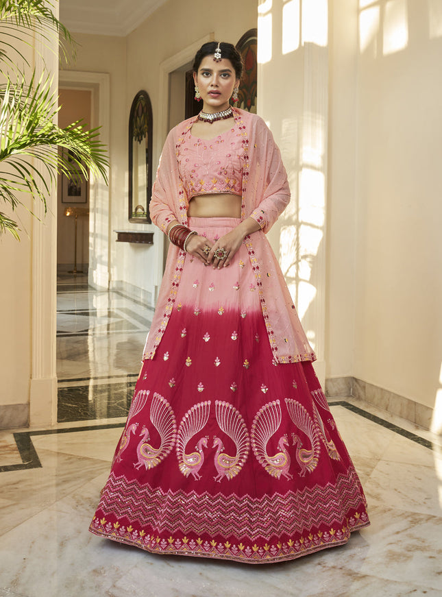 Mesmerizing Strawberry and Peach Art Silk Embroidered Wedding Lehenga Choli