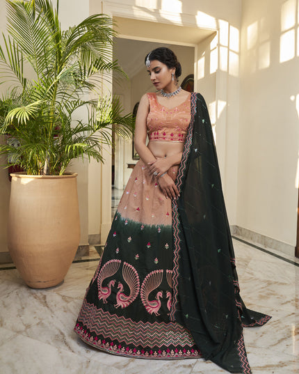 Adorable Pine Green and Salmon Orange Art Silk Embroidered Wedding Lehenga Choli