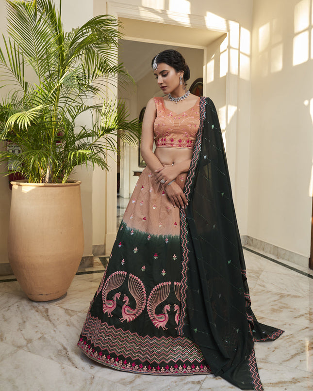 Adorable Pine Green and Salmon Orange Art Silk Embroidered Wedding Lehenga Choli