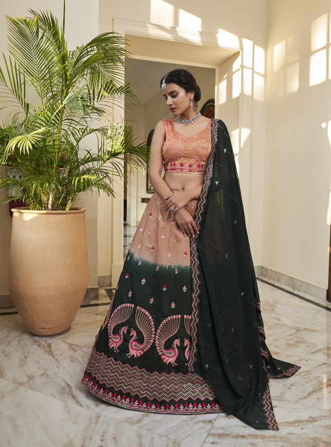 Adorable Pine Green and Salmon Orange Art Silk Embroidered Wedding Lehenga Choli