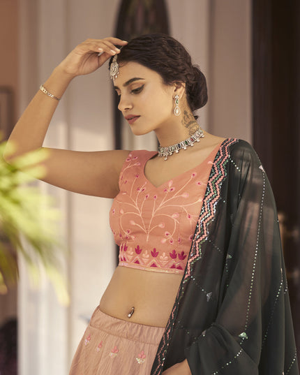 Adorable Pine Green and Salmon Orange Art Silk Embroidered Wedding Lehenga Choli