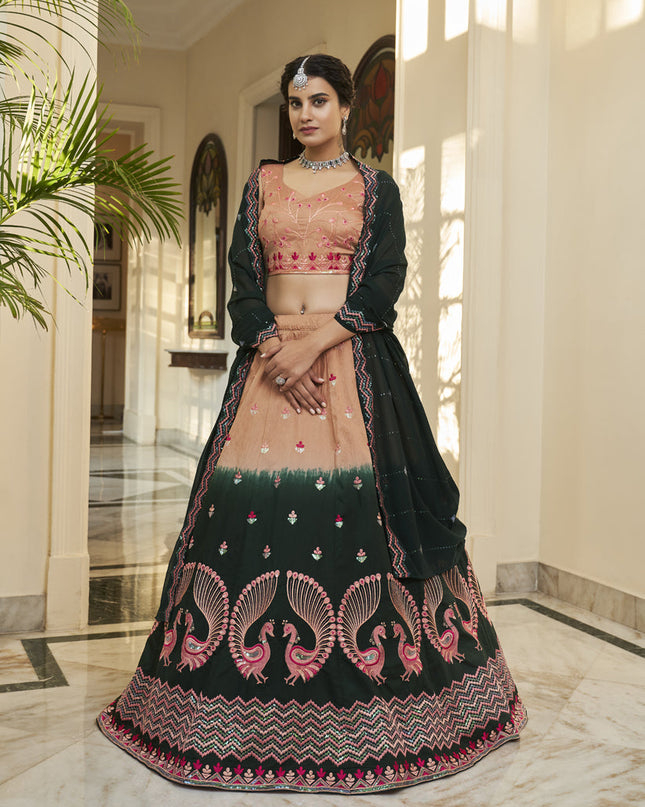 Adorable Pine Green and Salmon Orange Art Silk Embroidered Wedding Lehenga Choli