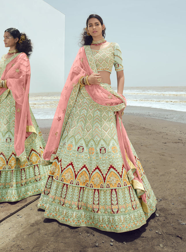 Pastel Green Georgette Wedding Lehenga Choli Set