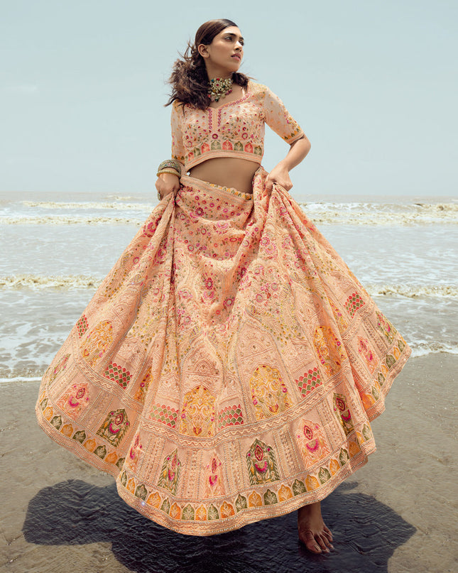 Peach Georgette Wedding Lehenga Choli Set