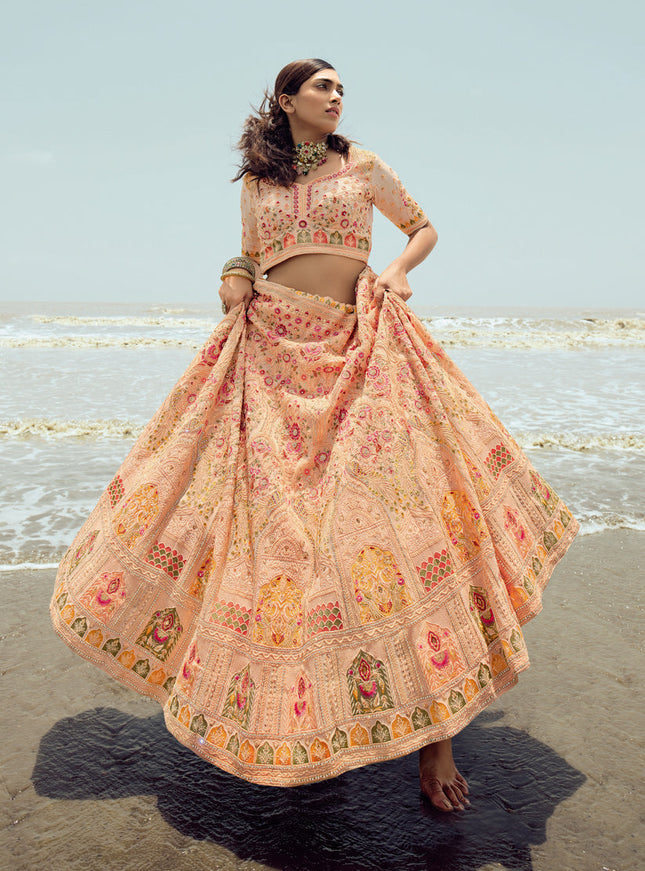 Peach Georgette Wedding Lehenga Choli Set
