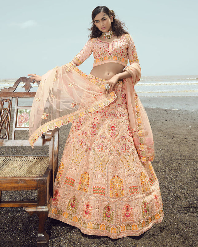 Peach Georgette Wedding Lehenga Choli Set