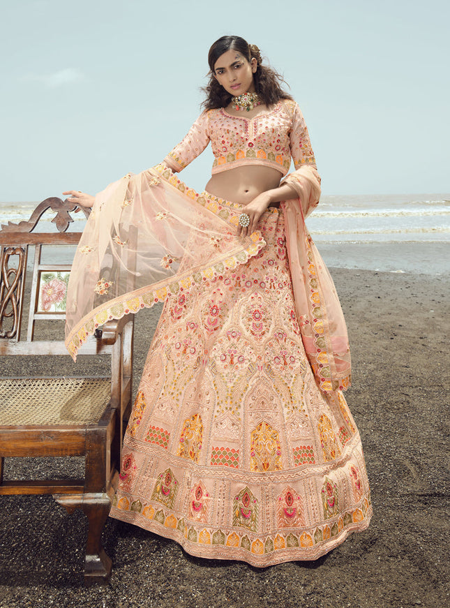 Peach Georgette Wedding Lehenga Choli Set
