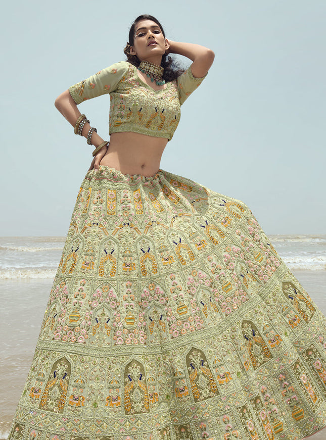 Pistachio Green Georgette Wedding Lehenga Choli Set