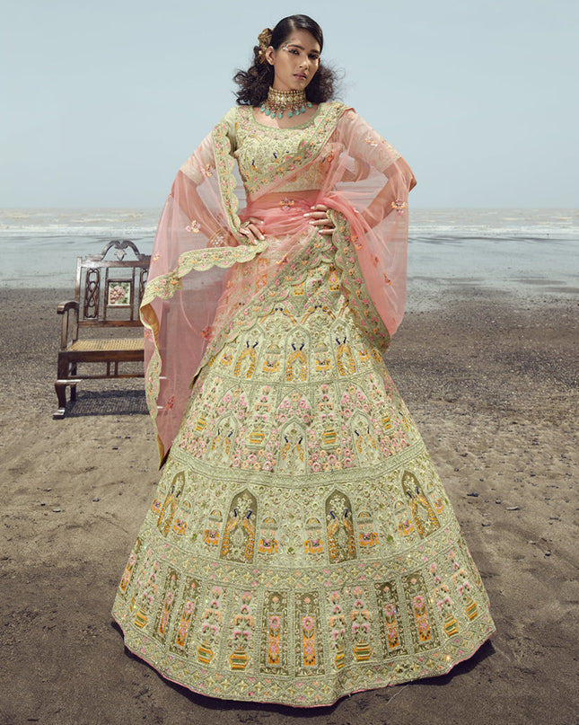 Pistachio Green Georgette Wedding Lehenga Choli Set