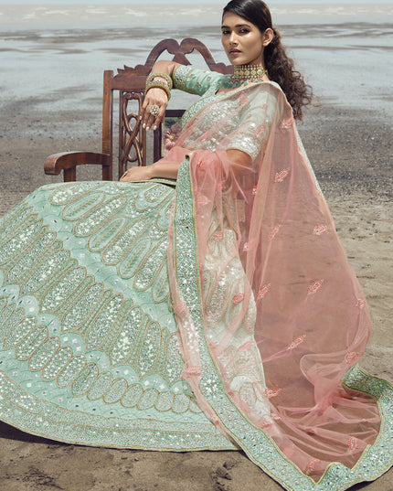 Mint Blue Organza Wedding Lehenga Choli Set