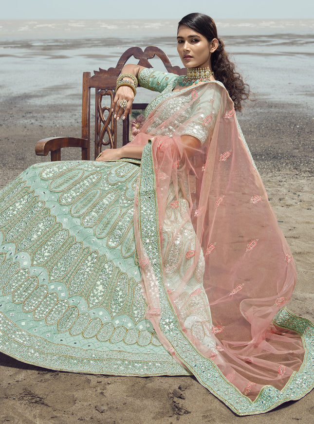 Mint Blue Organza Wedding Lehenga Choli Set