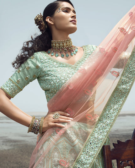 Mint Blue Organza Wedding Lehenga Choli Set