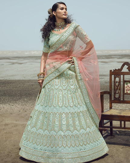 Mint Blue Organza Wedding Lehenga Choli Set
