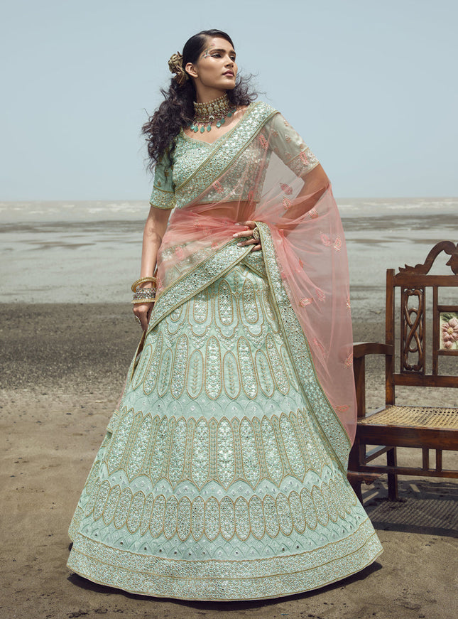 Mint Blue Organza Wedding Lehenga Choli Set