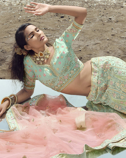 Ice Mint Organza Wedding Lehenga Choli Set