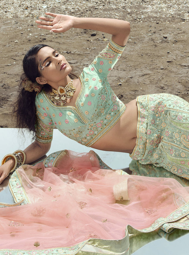 Ice Mint Organza Wedding Lehenga Choli Set