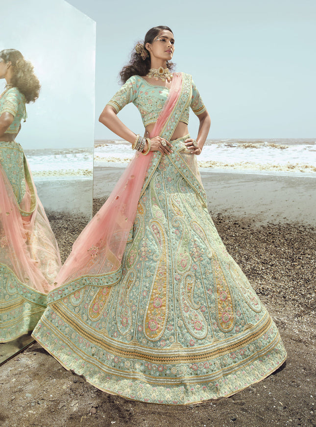 Ice Mint Organza Wedding Lehenga Choli Set