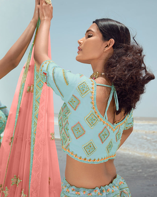 Mint Blue Georgette Wedding Lehenga Choli Set