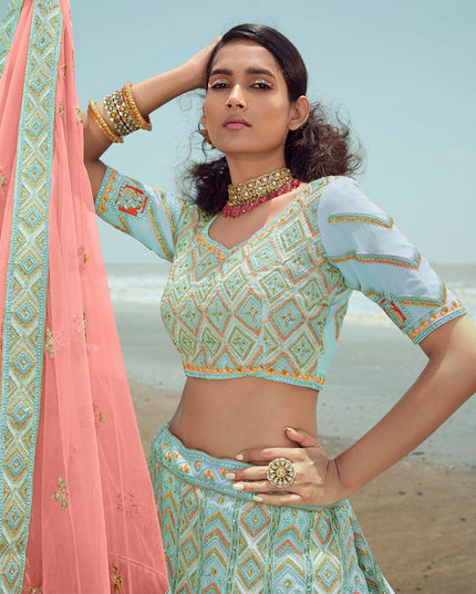 Mint Blue Georgette Wedding Lehenga Choli Set