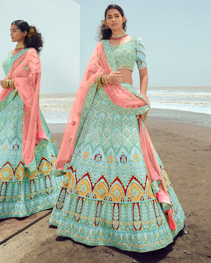 Mint Blue Georgette Wedding Lehenga Choli Set