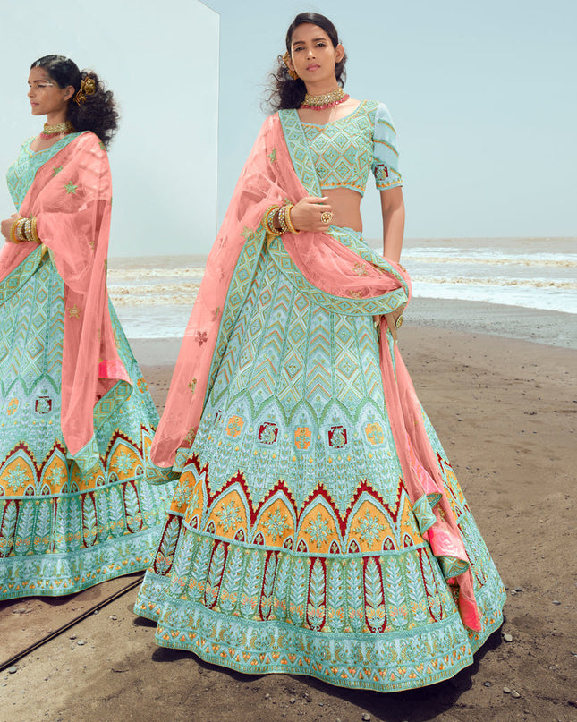 Mint Blue Georgette Wedding Lehenga Choli Set