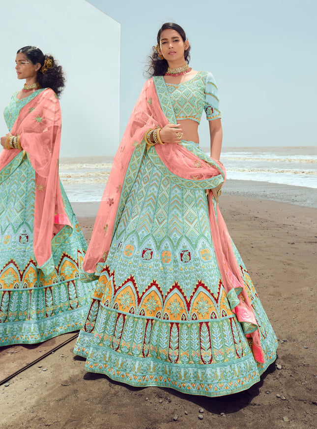 Mint Blue Georgette Wedding Lehenga Choli Set