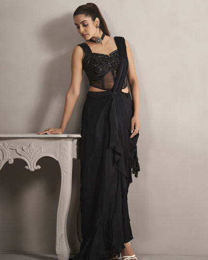 Black Pure Chinnon Ready to Wear Saree