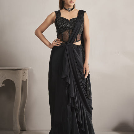 Black Pure Chinnon Ready to Wear Saree