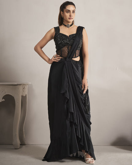 Black Pure Chinnon Ready to Wear Saree