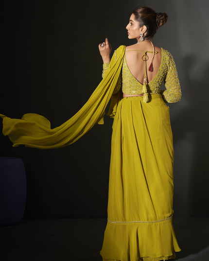 Parrot Green Georgette Designer Ready to Wear Saree