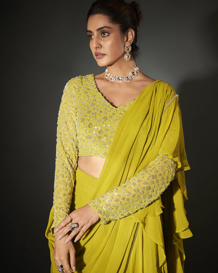 Parrot Green Georgette Designer Ready to Wear Saree