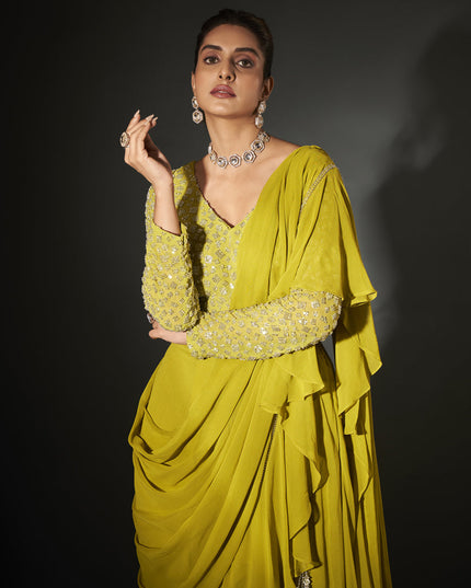 Parrot Green Georgette Designer Ready to Wear Saree