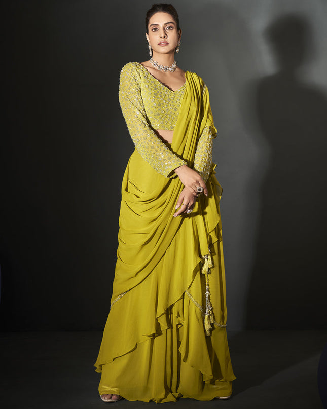 Parrot Green Georgette Designer Ready to Wear Saree