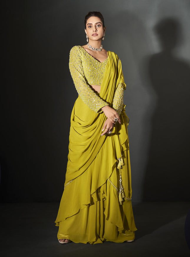 Parrot Green Georgette Designer Ready to Wear Saree