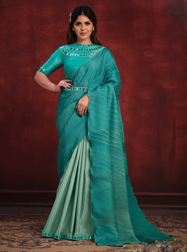 Mint and Rama Green Heavy Designer Saree