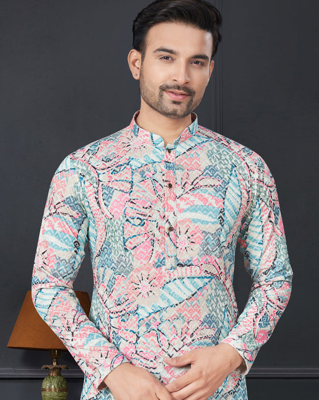 Multicolor Rayon Printed Mens Kurta Pajama Set